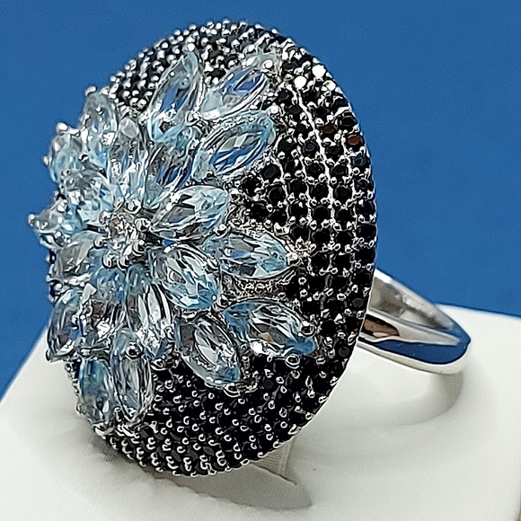 Natural Sky Blue Topaz‎ 6x3mm & Black Spinel 925 Sterling Silver Ring Size 8 - Picture 3 of 10